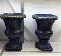 F12) TWO COBALT BLUE LAY FLOWER POTS WITH SEPERATE
