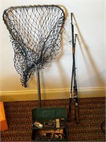 Vintage fishing lot net poles tackle box