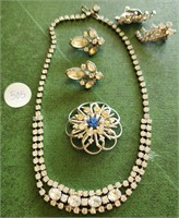 Rhinestone Necklace, Pins, Earrings