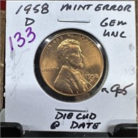 1958-D WHEAT PENNY CENT DIE CUD / DATE
