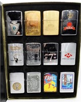 (12) ZIPPO LIGHTERS IN A COLLECTORS CASE