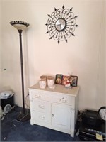 Antique Commode, Welby Clock, Floor Lamp