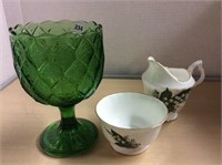 Green Pressed Glass Goblet and Bluebird Cream and