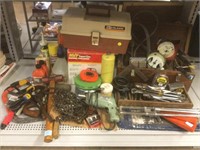 Wood tool box, Plano fishing tote. Assorted tools