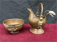 Antique Copper Coal Scuttle Bucket and Bowl