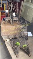 Wood crate of wicker art wall pockets and chairs