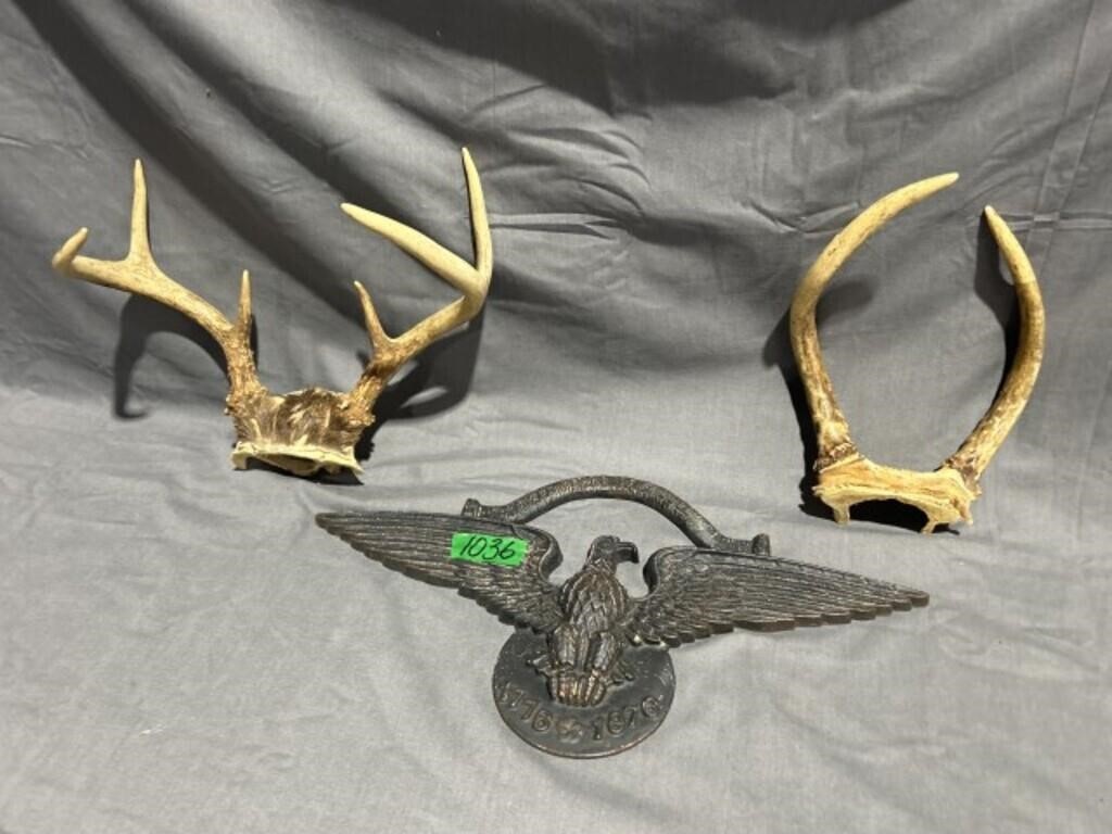 Antlers and metal eagle