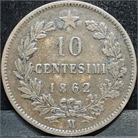 1862 M Italy 10 Centesimi Coin in Nice Shape