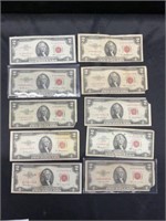 Group of 10 $2 Red Seals 1928-1963 Series
