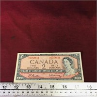 1954 Canada $2 Banknote Paper Money Bill