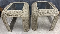 Pair Of Wicker Rattan Glass Top Side Tables