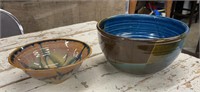 Two Pottery Bowls, Blue and Brown Tones. Signed