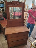 3 Drawer Antique Oak Dresser w/Mirror-31t x 36w x
