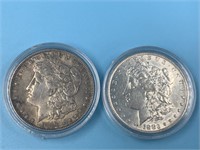 2 Morgan silver dollars, 1889 & 1883 O