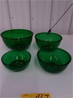 4 green depression glass mixing bowls