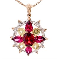 Garnet, Peridot & Diamond Starburst Pendant 10k