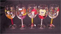 Five handpainted 9" wine goblets with