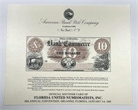 1985 FUN ABNC Intaglio Souvenir Card $10 Commerce