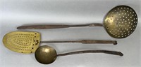 3 brass & iron hearthside utensils ca. 19th-20th