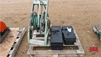 Pallet of 2 Plastic Tool Boxes ,Water Hose & Reel