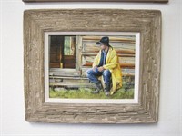 1992 Oil Painting Cowboy Log Cabin Vic Schendel CO