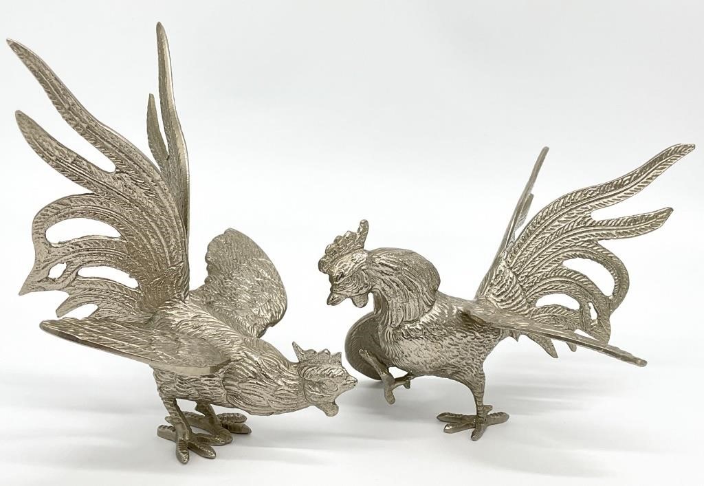 Pair Silver Plate Fighting Roosters