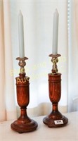 Pair of oak and metal candlesticks