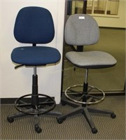 Two Bar height rolling office chairs blue & gray