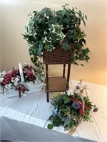 3 Baskets Of Artificial Flowers, One With Stand.