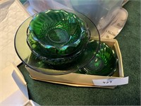 LRG. LOT OF GREEN GLASS DISHES, TRAYS AND MORE