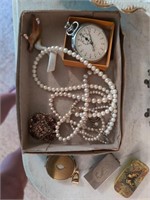 Pocket watch (glass gone), necklace, brooch,