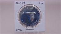 1867 - 1967  800 Silver Dollar M S - 64 U N C
