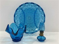 Blue Glassware (candy dish, mini oil lamp, plate)