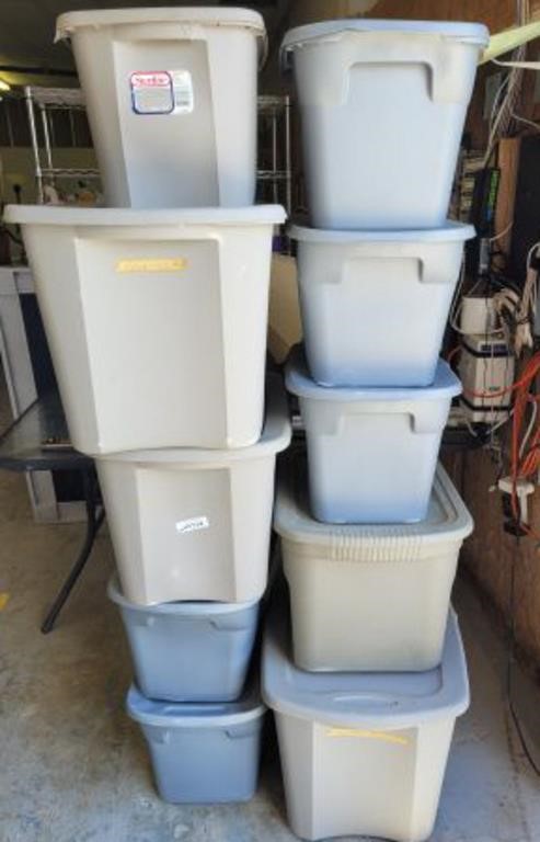 GROUP OF ASSORTED STORAGE TOTES W/ LIDS