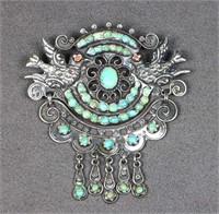 Sterling Silver Turquoise & Coral Brooch