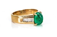 VINTAGE 14K GOLD, EMERALD AND DIAMOND RING, 6.1g