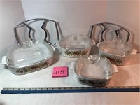 4 Corning Ware baking dishes w/ lids & 2 trivets