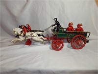 Vintage 70's Cast Iron Horse Drawn Fire Wagon Toy