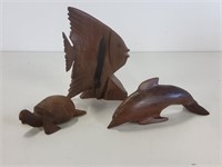 3 Iron Wood Figurines, Fish, Dolphin, & Turtle