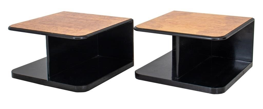 Art Deco Revival Ebonized & Burl Side Tables, Pair