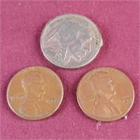 Buffalo Nickel and 2 Wheat Back pennies
