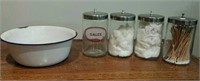 Glass apothecary canisters (4) & porcelain bowl