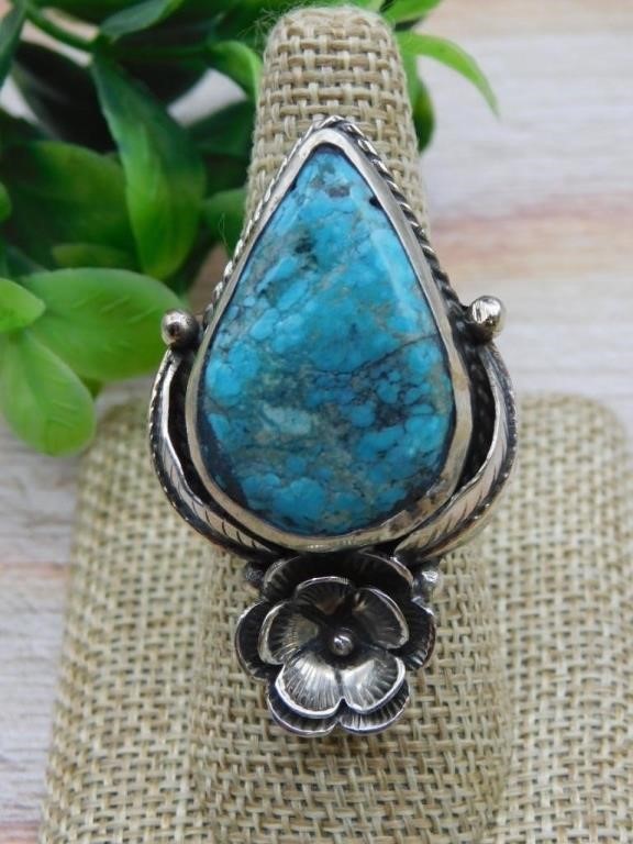 CHRYSOCOLLA RING WITH INTRICATE TOOLING ROCK STONE