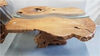 LIVE EDGE TEAK COFFEE TABLE WITH GLASS INSERT