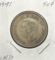 1941 50 Cents Silver Coin- Narrow Date (ND)