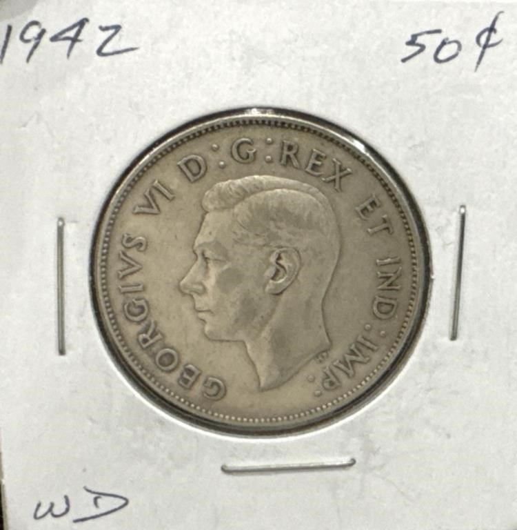 1942 50 Cents Silver Coin- Wide Date (WD)