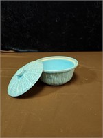 Old McCoy blue bowl with lid approx 6 inches