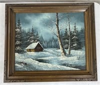 (AE) J. Medina Signed Winter Cabin Framed Canvas