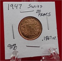 1947 Swiss 20 Francs - .1867 oz. Gold