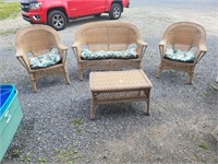Wicker love seat & chairs & table